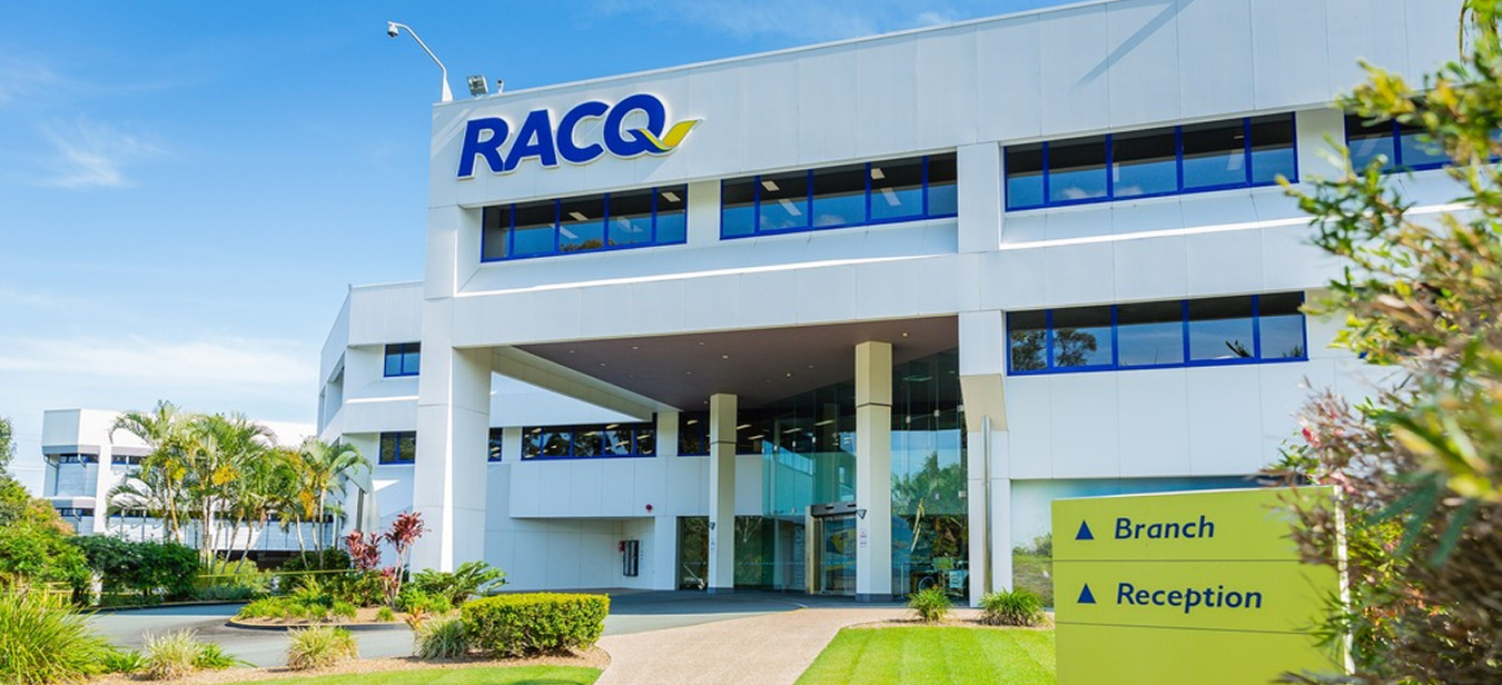 Front view of RACQ Head office building with blue sky