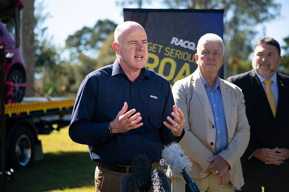 RACQ CEO David Carter spearking the road safety campaign launch,