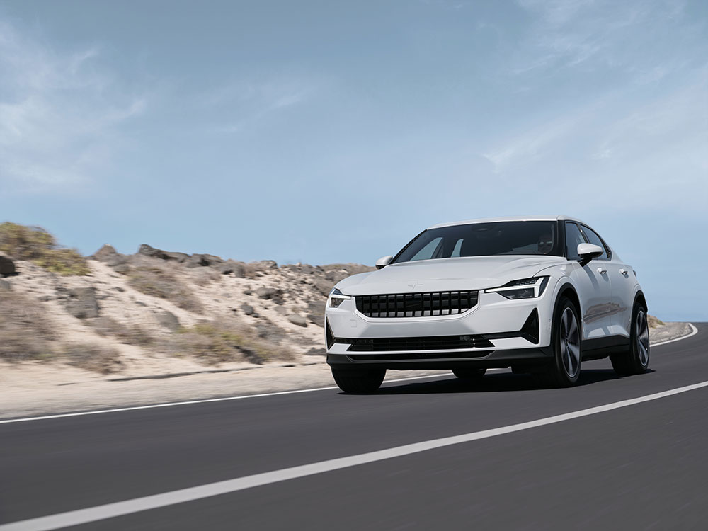 Polestar 2 EV on open road.