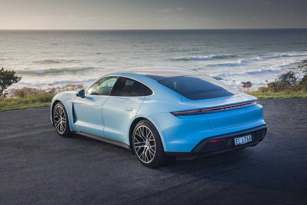 Porsche Taycan 4S EV rear view.