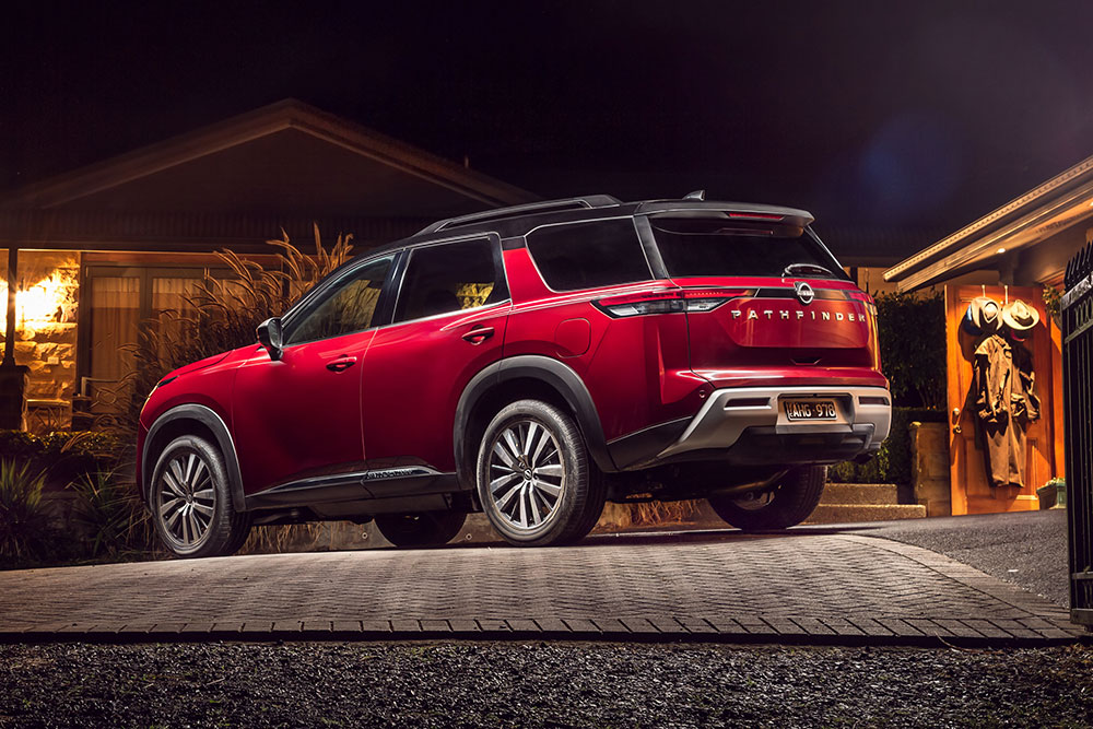 Nissan Pathfinder Ti-L rear view at night.