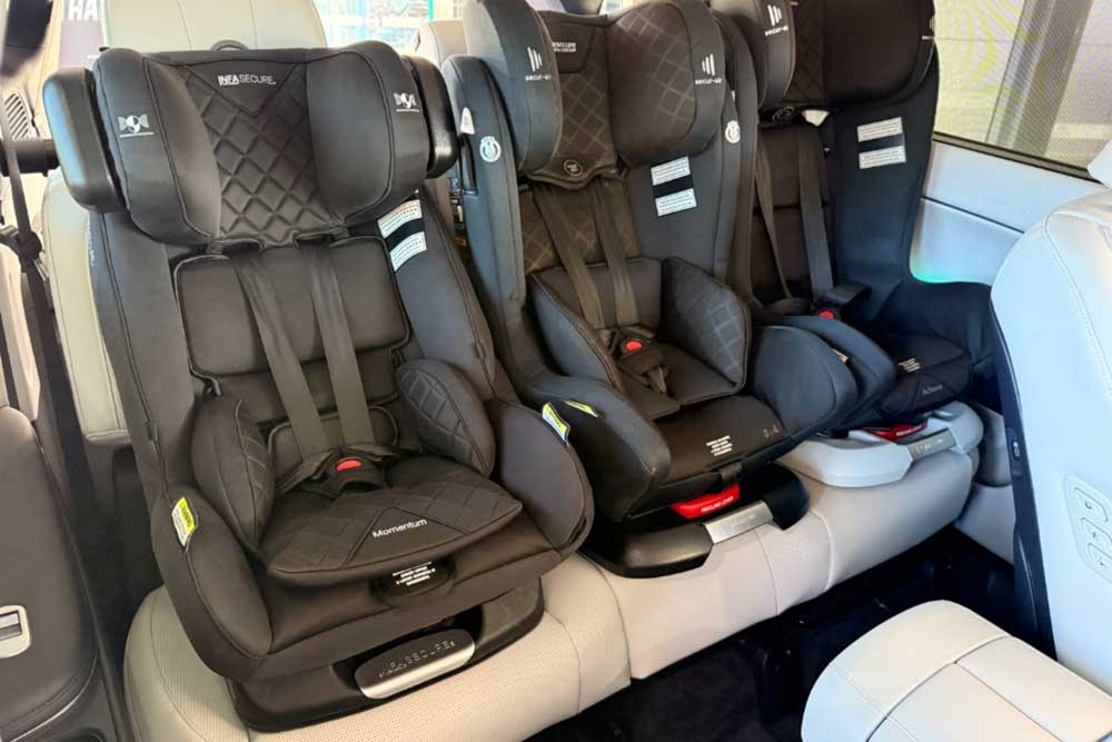 Three forward facing child seats on the  Hyundai Palisade back seat.