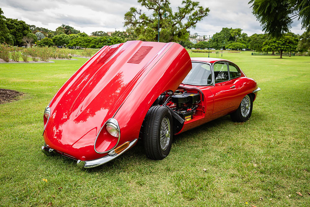 Barry Cooper's 1968 E-Type Jaguar with bonnet raised.