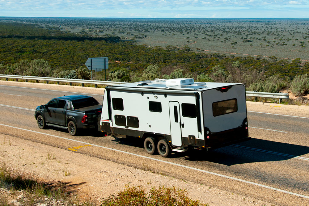 Ute towing a caravan in Australia.