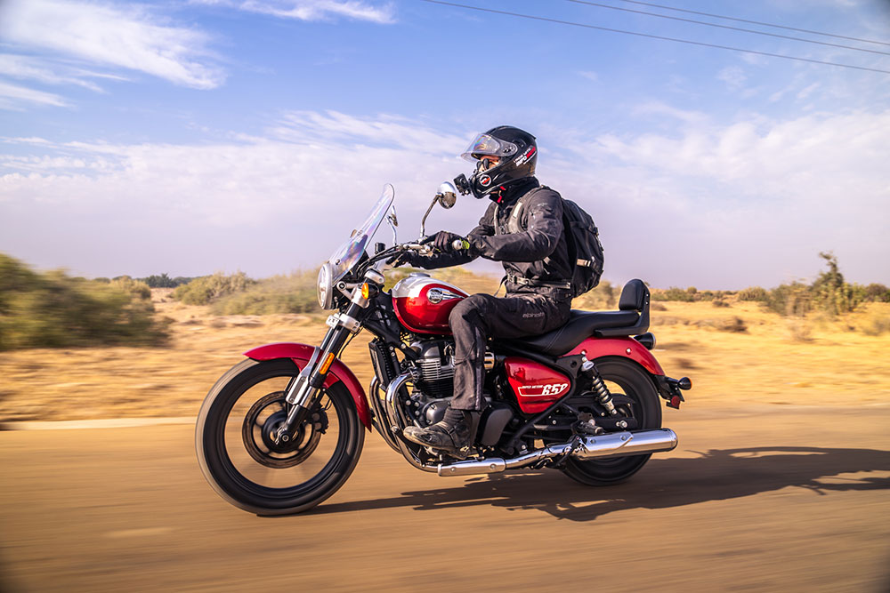 A Royal Enfield Super Meteor 650 on the road.