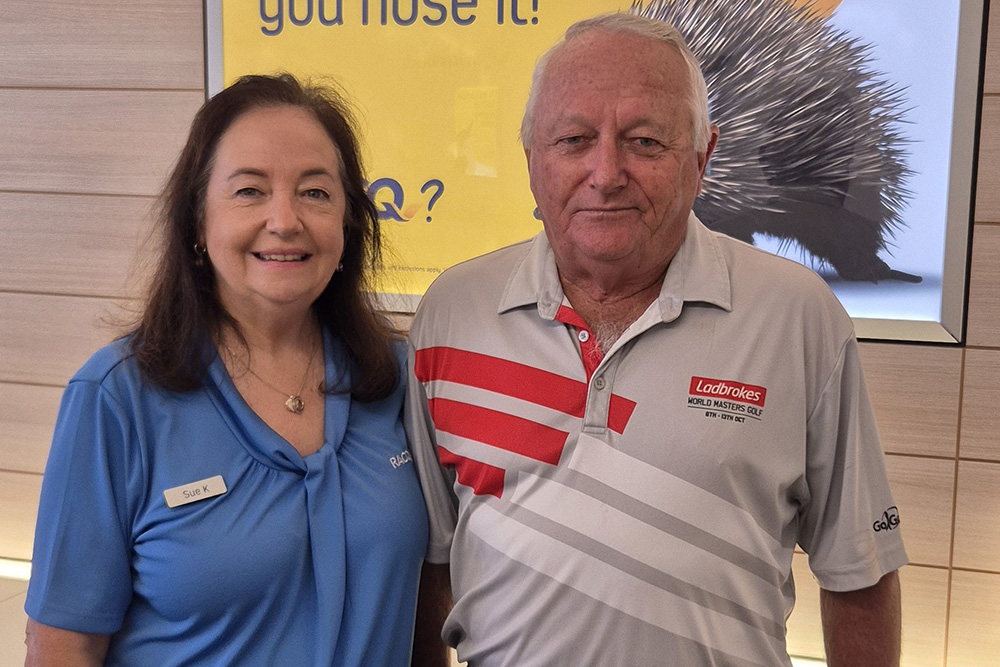 RACQ employee Sue Kruger and her brother Rob Smith who owns the Caloundra RACQ agency.