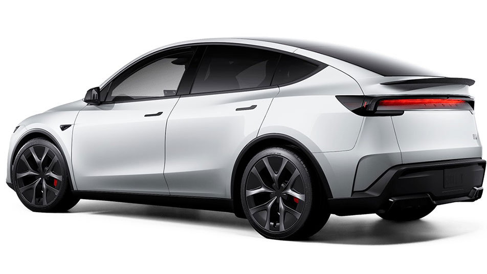 Rear, side view of Tesla Model Y Performance model.