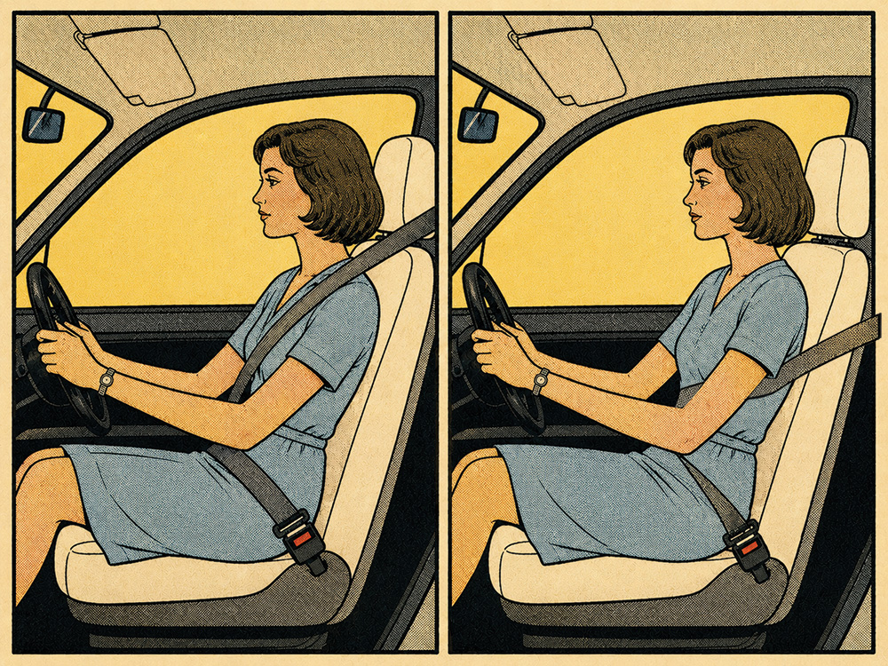 Correct and incorect examples of how to wear a seatbelt.
