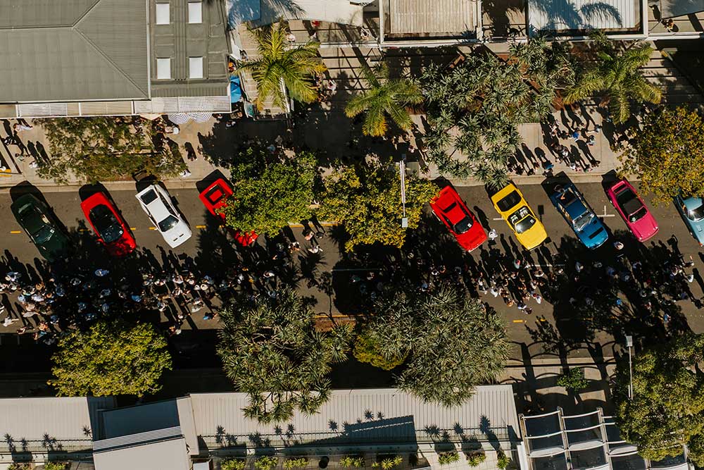 Overhead view of cars and people at Noosa Concours d'Elegance.