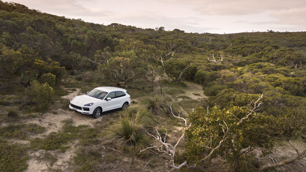 Porsche driving on dirt road.
