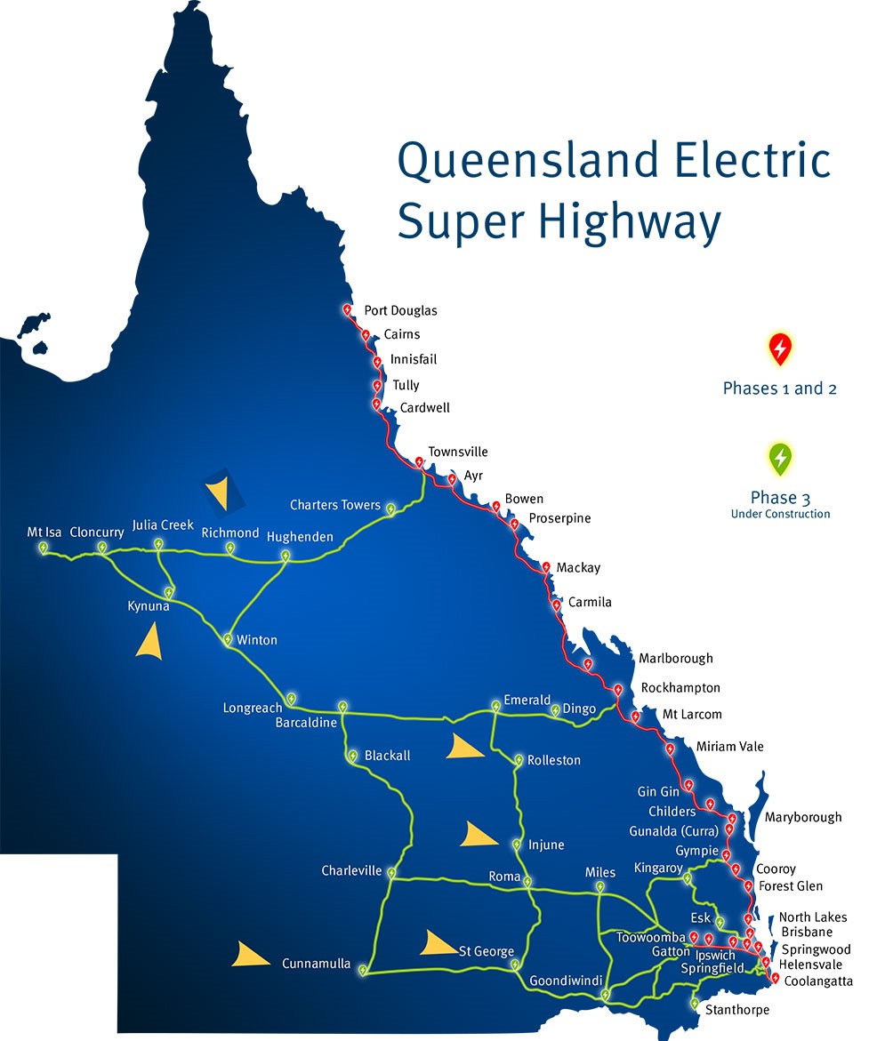 Map of fast-charging stations on Queensland Electric Super Highway.