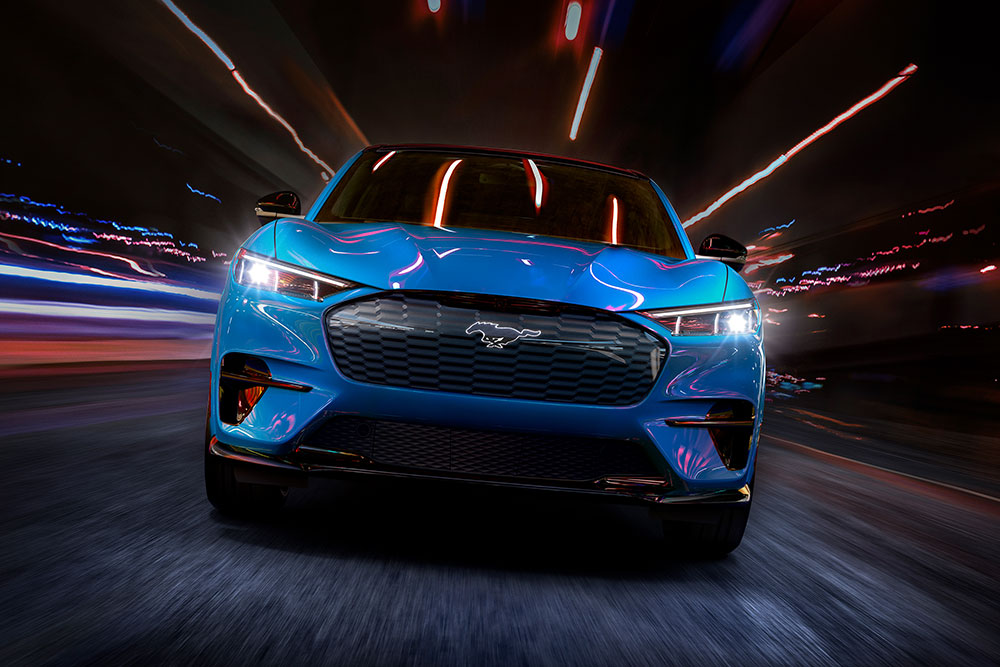 Ford Mustang Mach-E electric SUV front view.