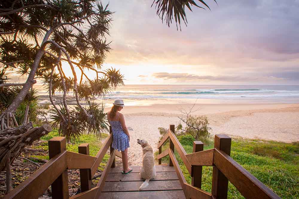 Woman and her dog overlooking a Sunshine Coast beach,