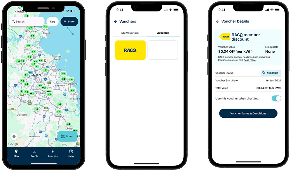Evie app screens for public charging story.
