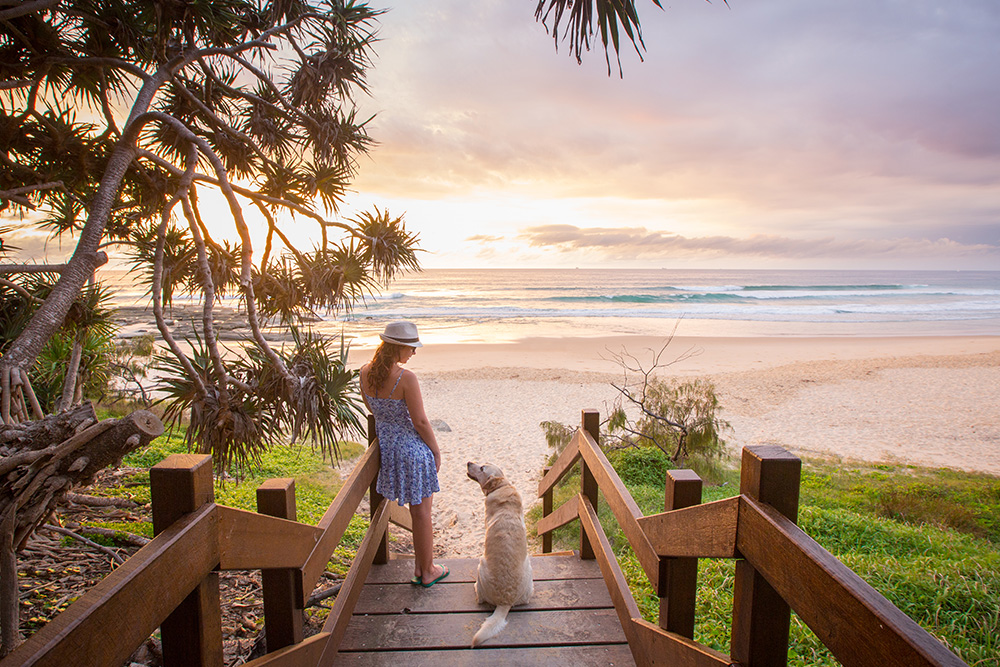 woman and golden retriever dog at sunshine coast beach
