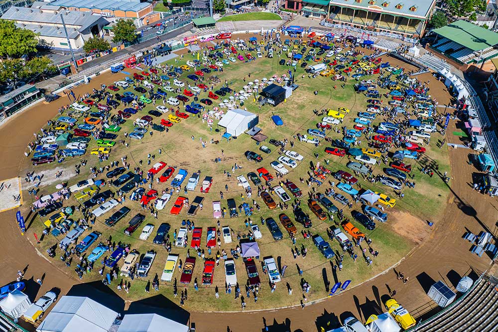 An aerial view of cars on display at RACQ MotorFest 2026.