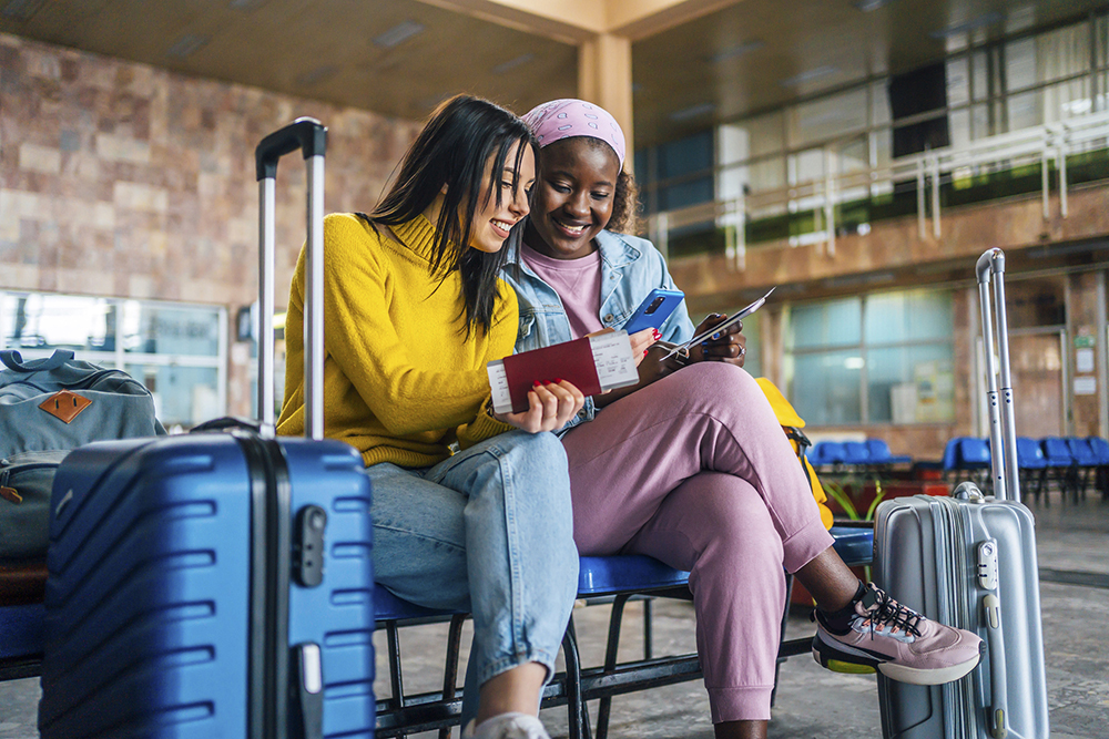 International travellers at airport.
