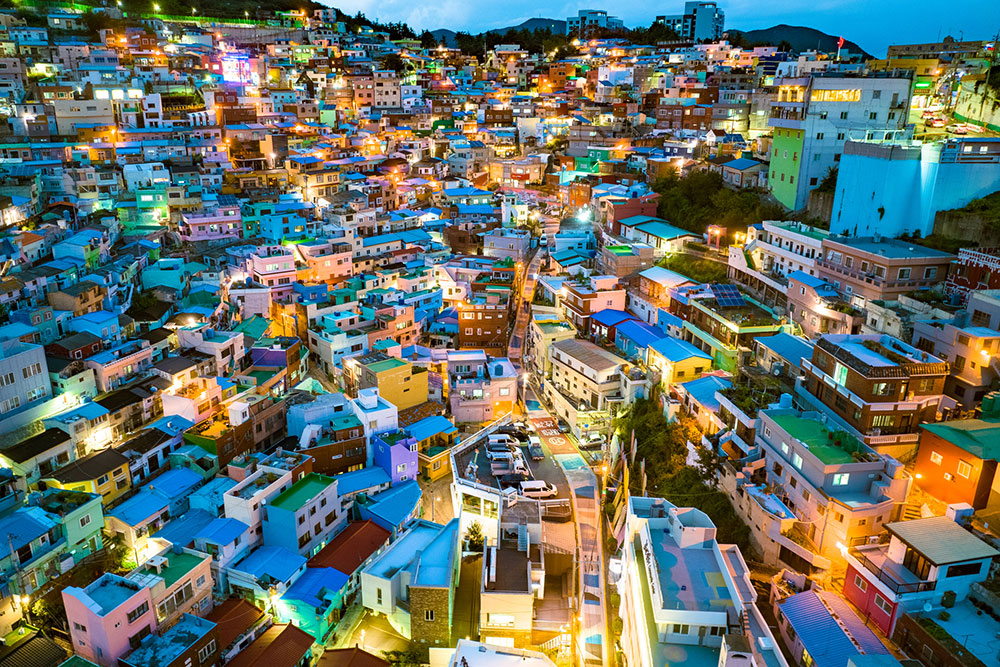 Aerial view of Gamcheon Culture Village at night.