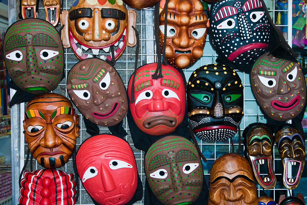 Traditional masks in shop in  Insadong, South Korea.