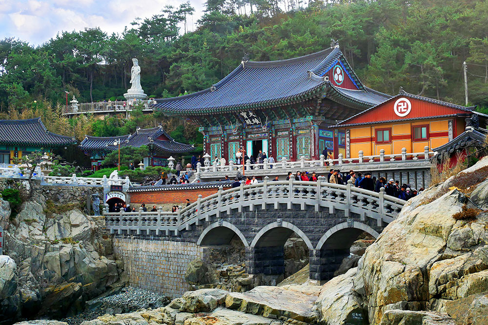 Many tourists visit Haedong Yonggungsa Temple in Busan, South Korea.
