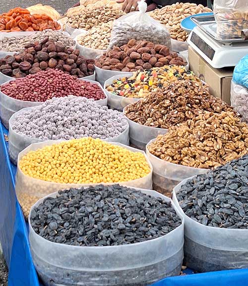 Colourful food in Chorsu Bazaar, Tashkent, Uzbekistan.