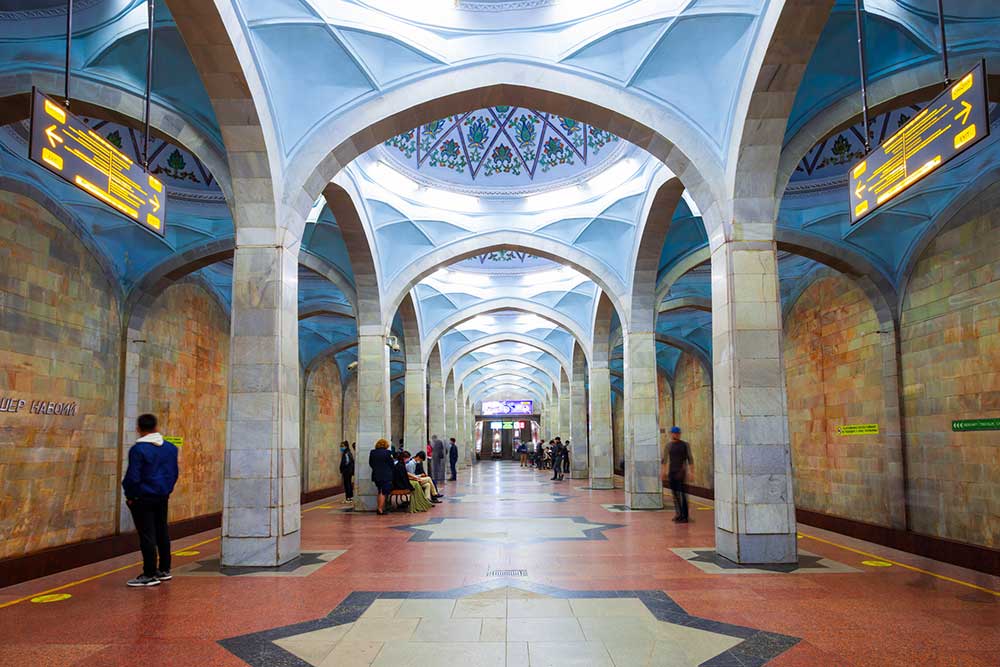 Inside Alisher Navoiy Metro Station in Tashkent, Uzbekistan.
