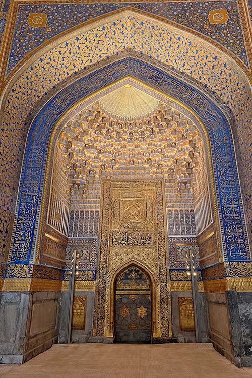 Inside the Tillah Kari Mosque in Registan Square, Samarkand, Uzbekistan.