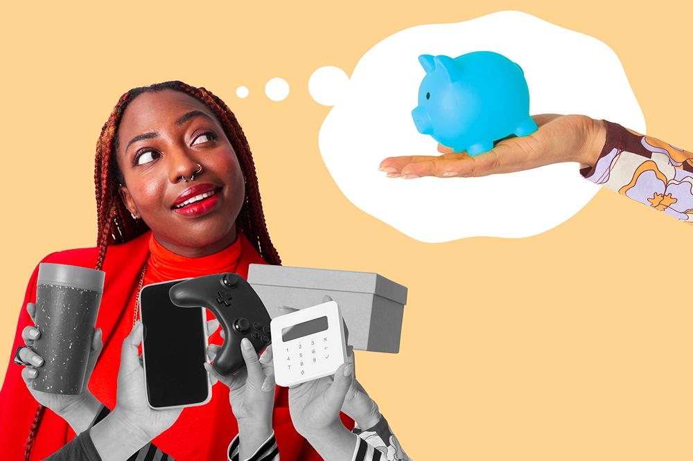 Woman surrounded by everyday items and gadgets, looking at a blue piggy bank in a thought bubble
