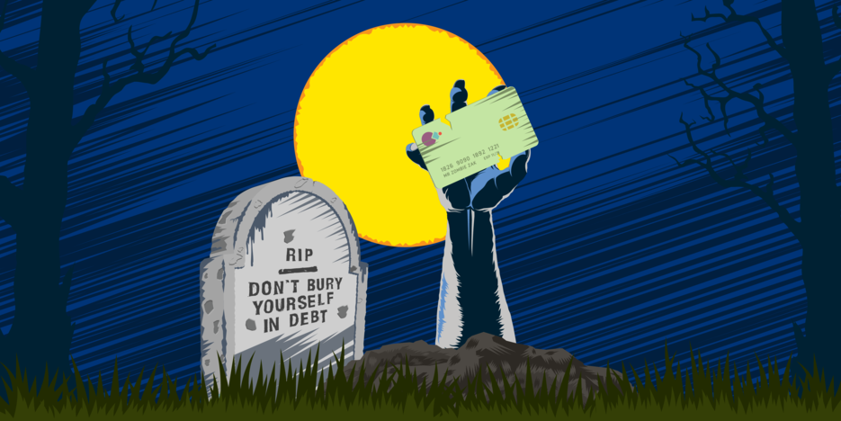 Zombie hand coming out of grave with credit card