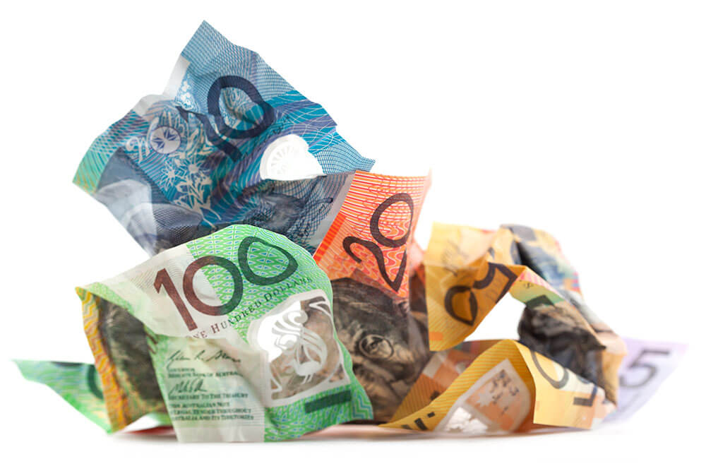 Scrunched pile of Australian banknotes
