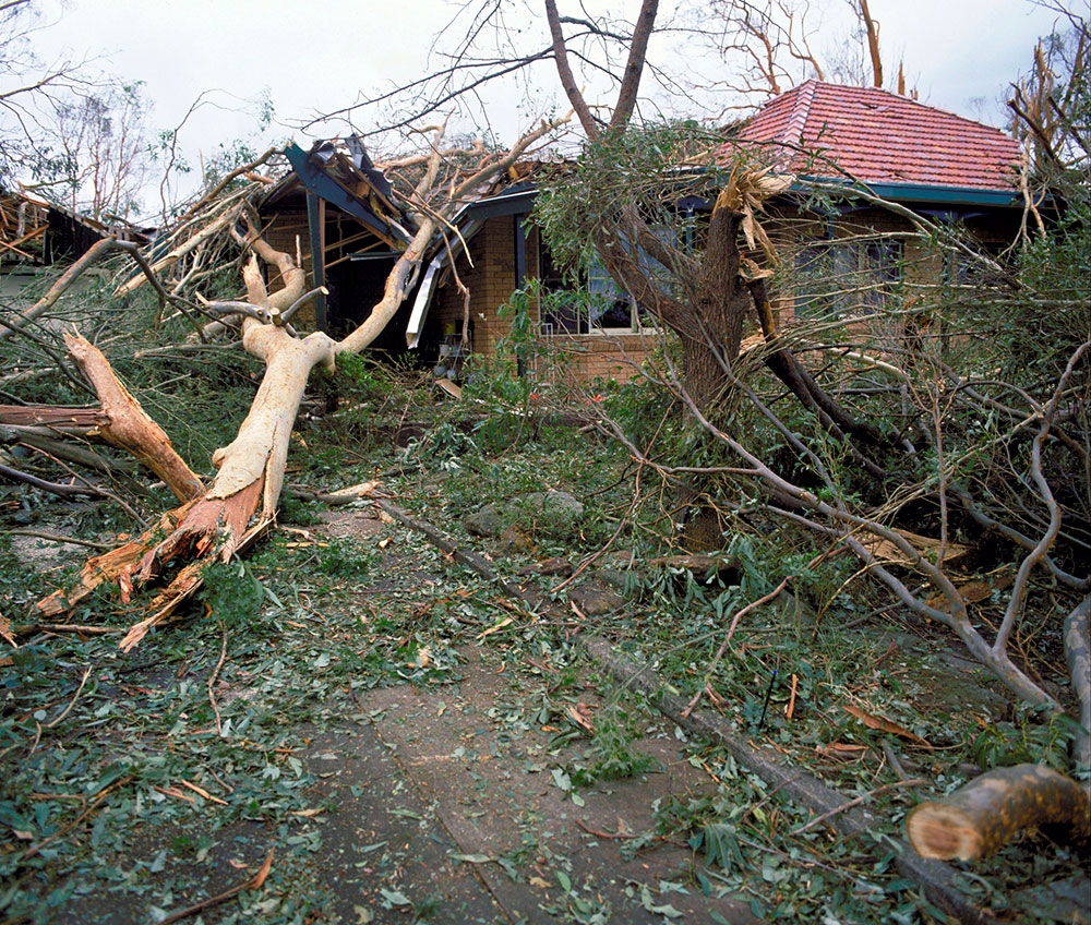 A tree fallen on a house during a storm