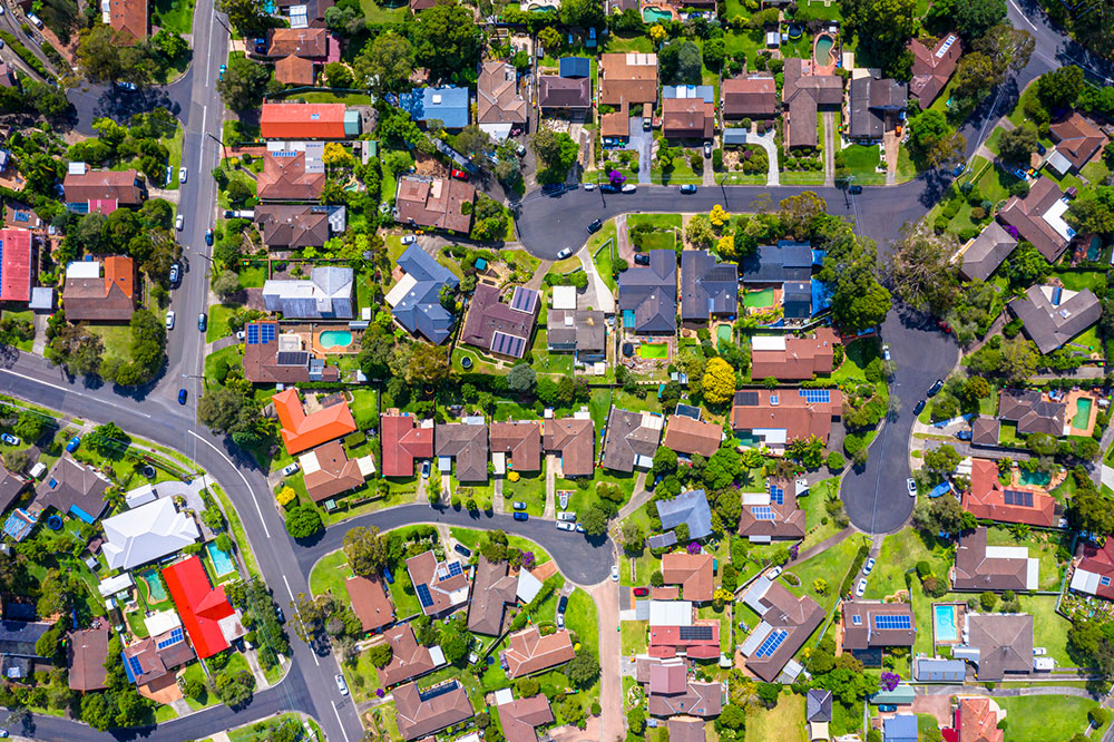 Aerial view of suburban homes.