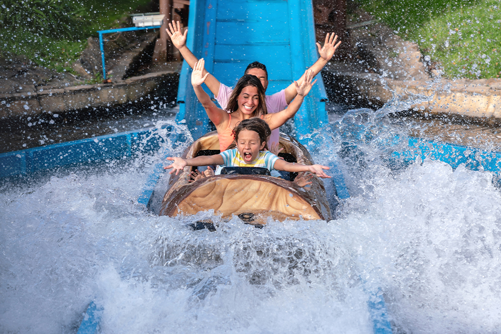 Happy family in an amusement park riding on water ride