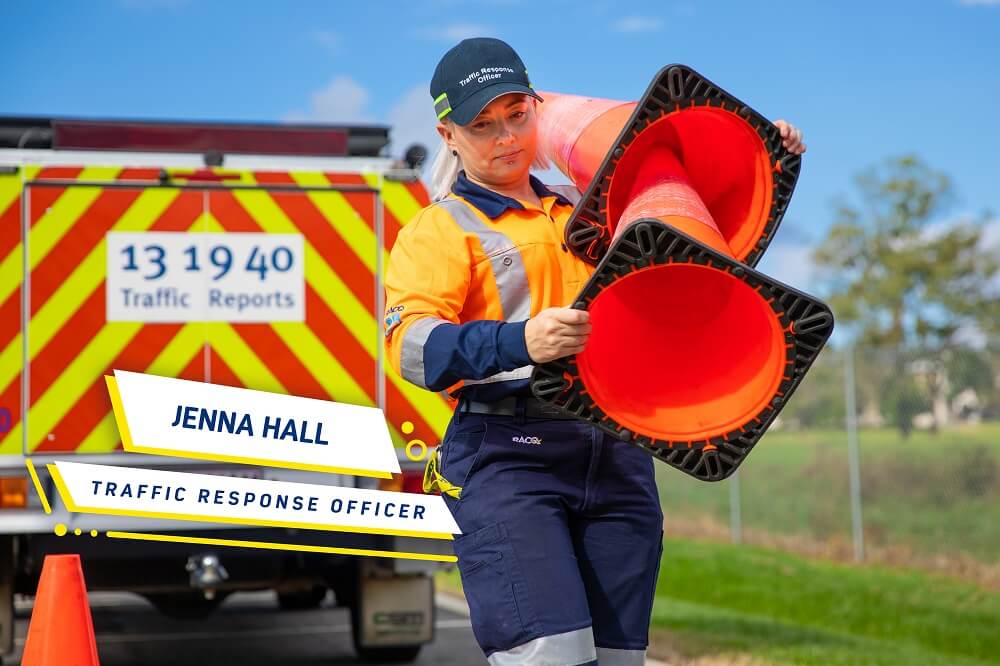 Jenna Hall putting out traffic cones.