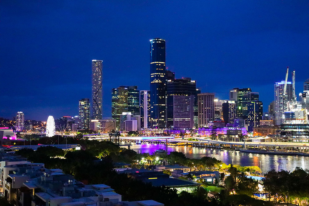 View of Brisbane city skyline at night.