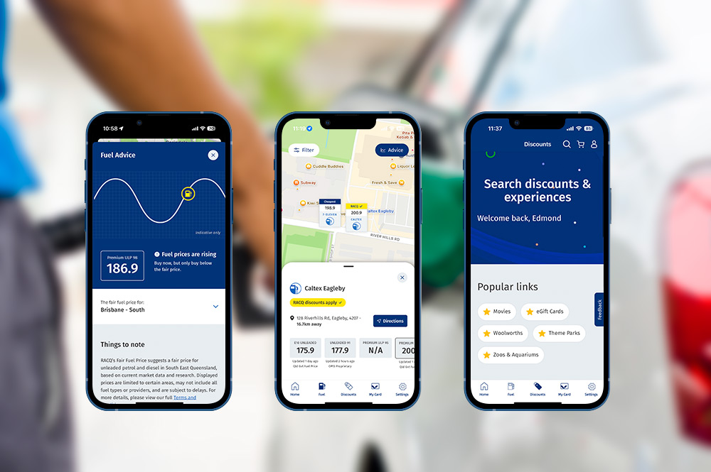 Phone screens showing RACQ Fuel and Deals app