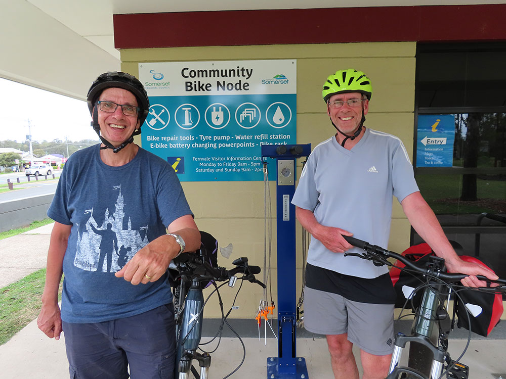 Cyclists Craig and Gavin Rook of New Zealand were impressed with the new bike node at Fernvale and their ride on the Brisbane Valley Rail Trail.