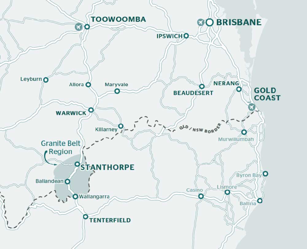South east Queensland map showing where the Granite Belt is