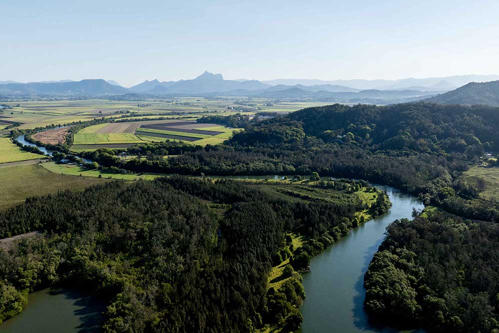 An aerial view of the Tweed Valley near the village of Tumbulgum.