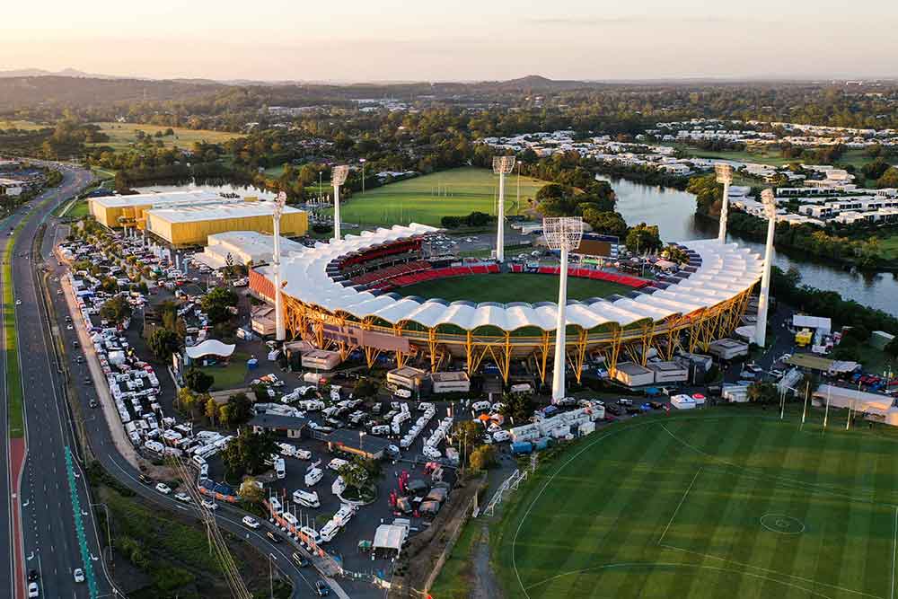 Aerial view of People First Stadium at Carrara hosting the 2025 Caravanning and Outdoor Expo.