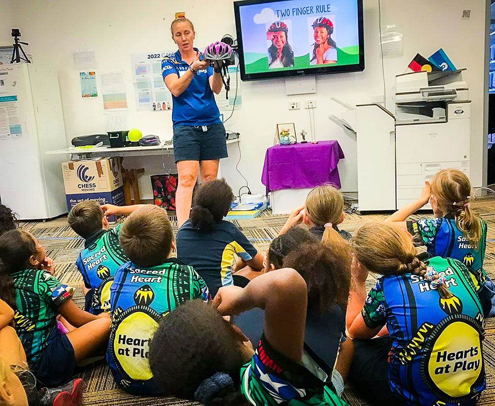 RACQ Education Team member with children from Our Lady of the Sacred Heart School in Torrest Strait.
