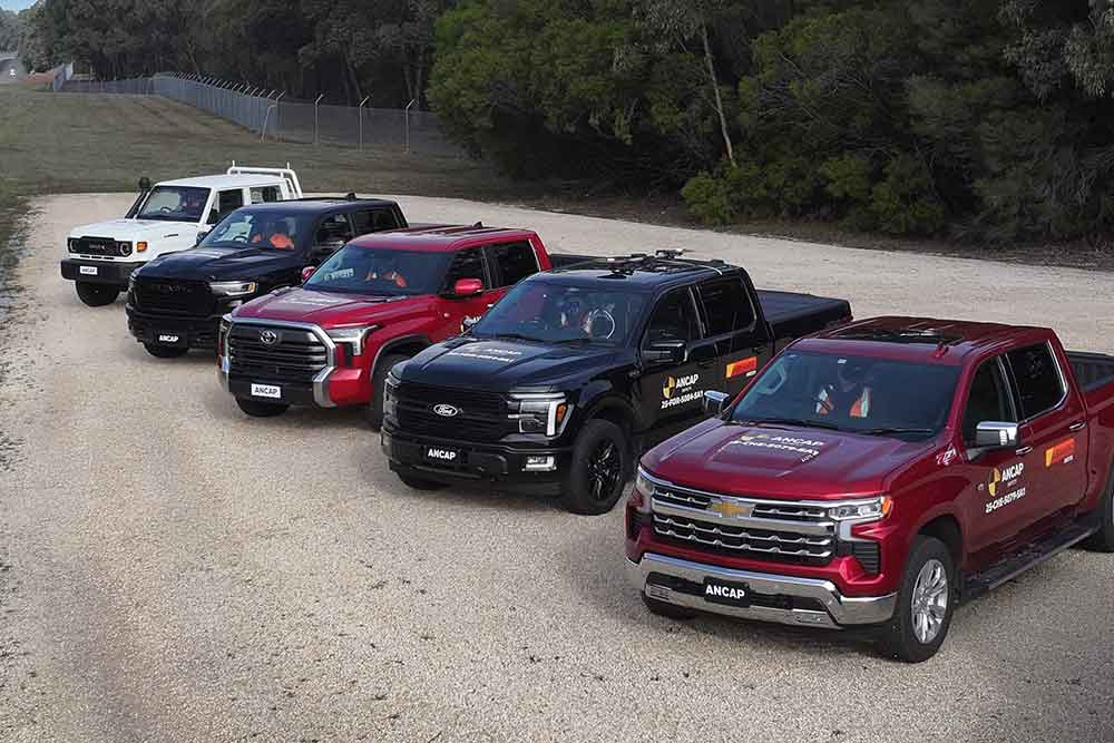 The lineup of five pickups tested by ANCAP.