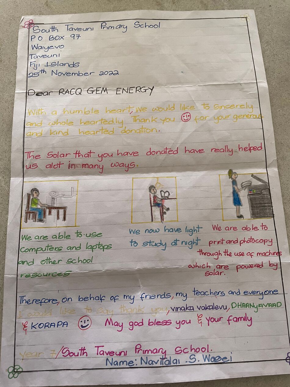 fiji school solar charity program letter