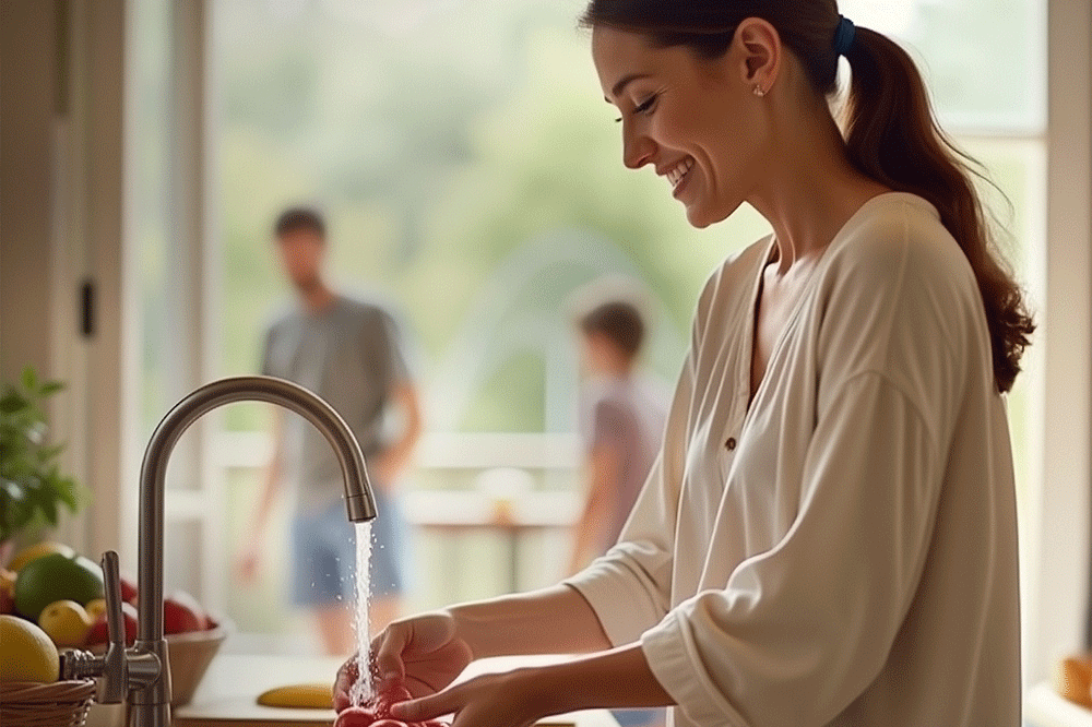 Woman washing food with filtered water from her kitchen tap.