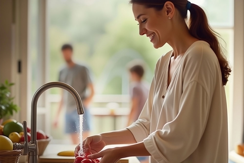 A woman washing tomatoes at her kitchen sink using filtered water.