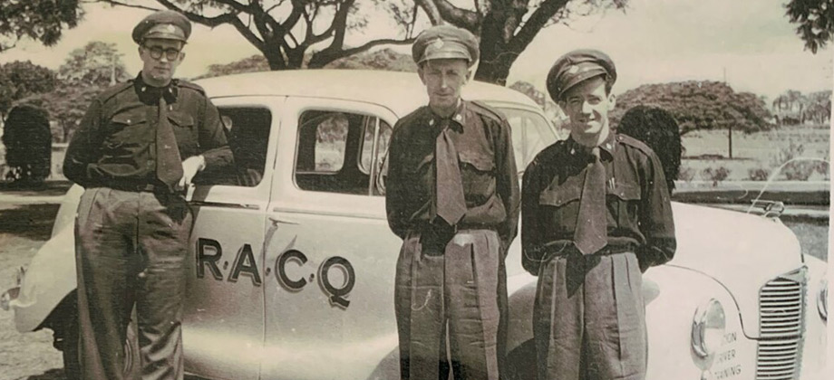 Vintage photo of RACQ patrol officers patrol vehicle