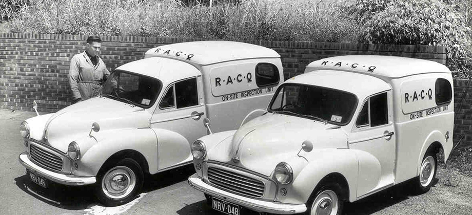 Vintage photo of two RACQ roadside patrol vehicles