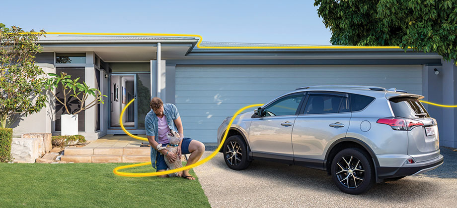 Owner with dog with house and car