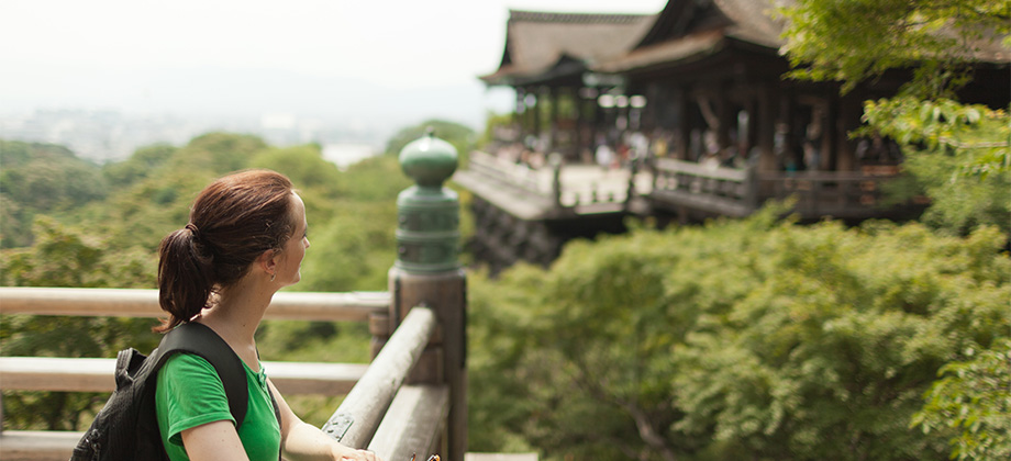 Lady travelling looking at Temple of Kyoto